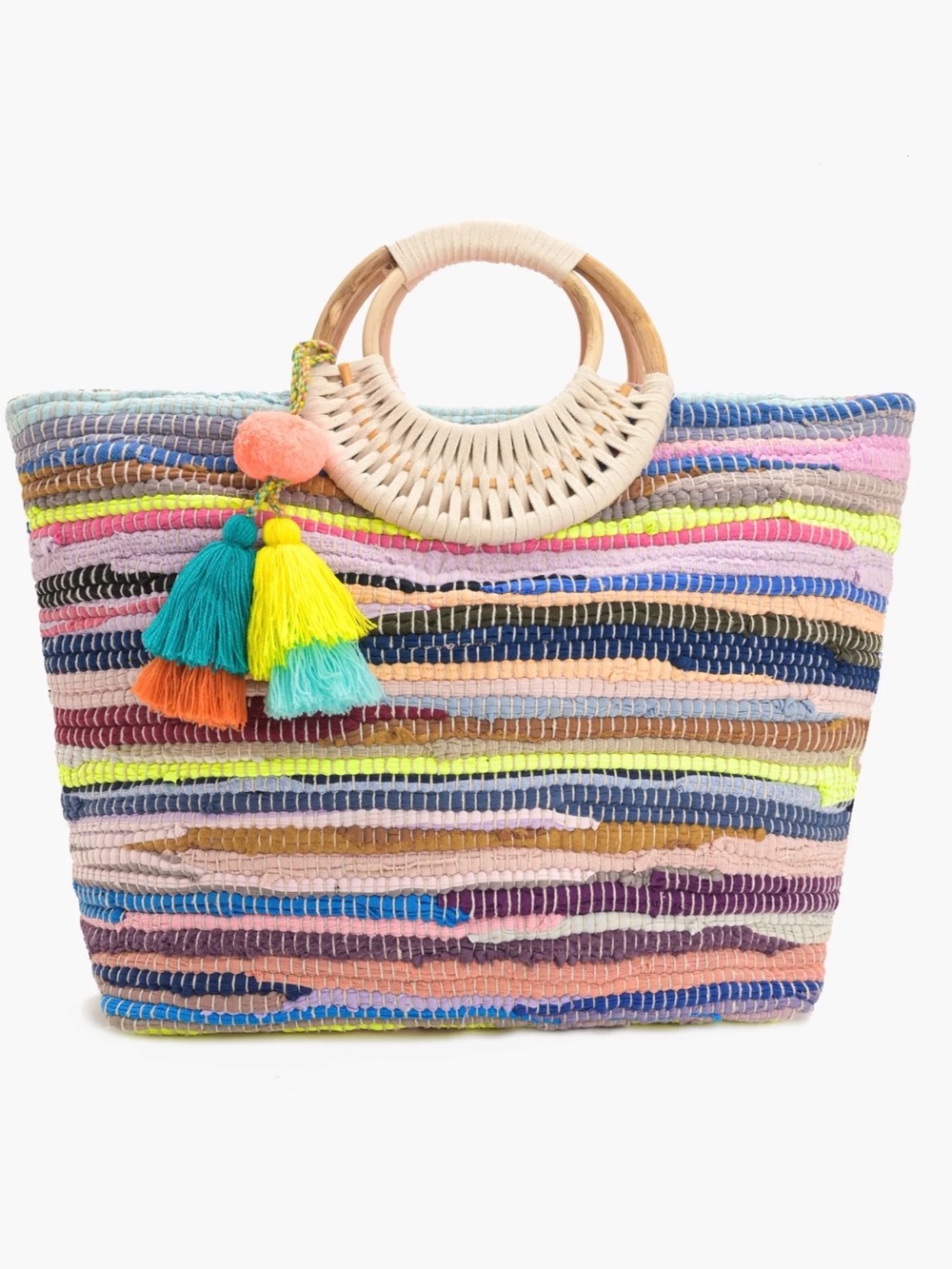 America & Beyond Multicolor Striped Woven Tote Bag with Tassel Accents - Picture 3 of 8